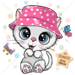 Cute Cartoon White Kitty PNG, clipart, Sublimation Design, kitten, Love, Kitty, Print, clip art, Panama hat