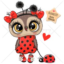 cute cartoon owl girl png, ladybug, clipart, sublimation design, glasses, print, clip art
