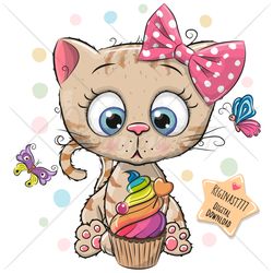 Cute Cartoon White Kitty PNG, clipart, Sublimation Design, kitten, Love, Kitty, Print, clip art, Cupcake