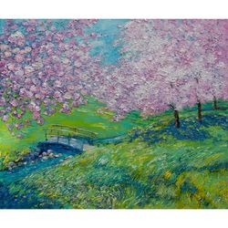 sakura painting landscape original art oil painting on canvas 24"x28" by kseniadeartgallery