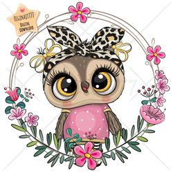 Cute Cartoon Owl PNG, clipart, Sublimation Design, Adorable, Print, clip art, Wreath, Pink