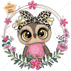 cute cartoon owl png, clipart, sublimation design, adorable, print, clip art, wreath, pink