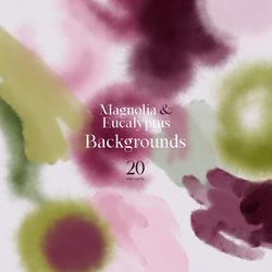 magnolia & eucalyptus. watercolor backgrounds, color splash