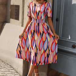All Over Print Round Neck Puff Sleeve A Line Flared Dress