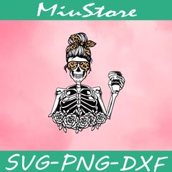 messy bun skull leopard svg, mom skull skeleton svg,png,dxf,cricut