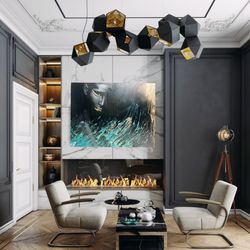 black and gold shiny painting original abstract art. modern textured wall art, acrylic on canvas abstract portrait 65*80