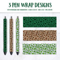 St. Patricks Day Leopard Pen Wrap Sublimation. Clover Leaves Pattern Pen Wrap