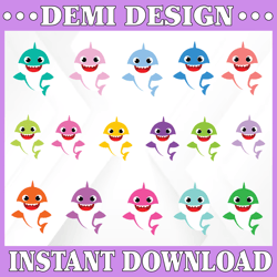 16 Baby Sharks Bundle Character With Many Colors SVG,Png,Shark's friends svg, Pink Fong svg, Family shark svg, dxf, eps