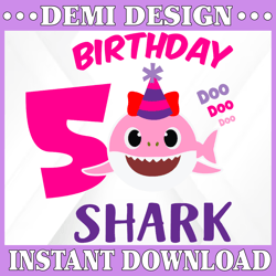 Shark 5th Birthday Svg, Girl Birthday Shark Svg Dxf Eps, Girl Fifth Birthday Clipart, Five Year Old,Baby,Shark, 5th Birt