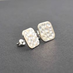 Sterling Silver Stud Earrings, Hammered Silver Studs Women Earrings, Minimalist Silver Square Studs Geometric Jewelry