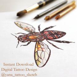Bee Tattoo Sketch Bee Tattoo Design Honey Bee Tattoo Design for Woman, Instant download PDF and JPG files