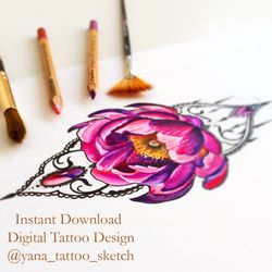 Peony Tattoo Design Color Peony Tattoo Sketch Peony Ornamental Tattoo Design, Instant download PDF and JPG files