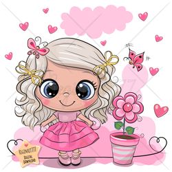 Cute Cartoon Girl with Flower PNG, clipart, Sublimation Design, Children printable, Clip art