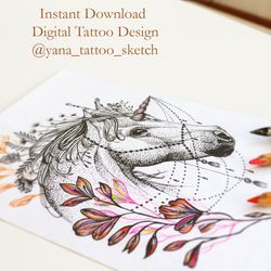 Unicorn Tattoo Sketch Unicorn Tattoo Design Unicorn Flowers Design for Woman, Instant download PDF and JPG files