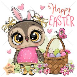 Cute Cartoon Owl PNG, clipart, Easter, Eggs, Sublimation Design, Adorable, Print, clip art, Pink