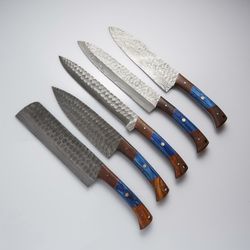 Hand Made Damascus Professional kitchen/BBQ knives set with Leather Roll Kit Consist on 5 knives plus