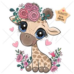 cute cartoon giraffe png, clipart, sublimation design, children printable, flowers, art