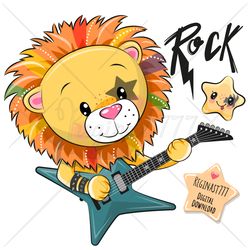 Cute Cartoon Lion PNG, clipart, Guitar, Rock, Sublimation Design, Children printable, Clip art