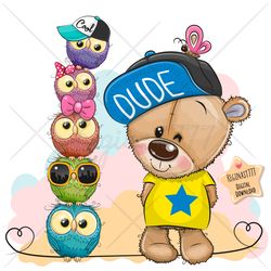Cute Cartoon Teddy Bear PNG, clipart, Sublimation Design, Children printable, Owls, art