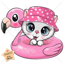 Cute Cartoon White Kitty PNG, clipart, Sublimation Design, kitten, Flamingo, Ring, Kitty, Print, clip art, Panama hat