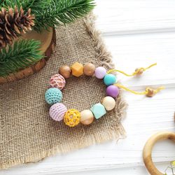 Crochet beaded stim teething ring, Wooden sensory toy - bracelet pink mint for girl and breastfeading mom