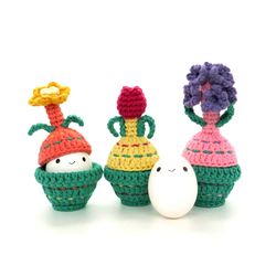 crochet patterns set 3 in 1 egg warmers cozy spring flowers bulbs tulip, hyacinth, narcissus. easter table decor.