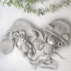 Mini grey bunny/bear toy for a newborn photo shoot, Newborn bunny props, Bunny ears bonnet