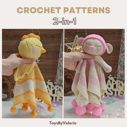 2-IN-1 Chick and Lamb  Baby Lovey Amigurumi Crochet Patterns PDF, Crochet Baby Blanket With Animal Head (ENG)