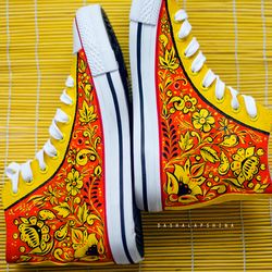 Hohloma Sneakers, Orange Converse with traditional floral ornament, Custom painted shoes
