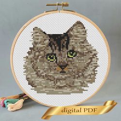 Cat pattern pdf cross stitch, pets embroidery DIY