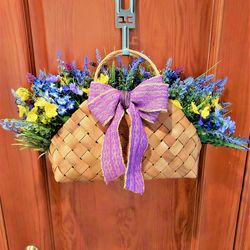 Front Door Basket, Faux lavender front door basket, Lavender basket arrangement, Artificial meadow flowers door basket