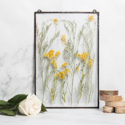 Minimalist wall art, dried flower wall art, yellow flowers, frame with pressed flowers, Country house decor, interior ki