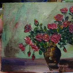 Red Roses in a Vase Art Still Life with Roses Painting 5*7 inch Flower Art