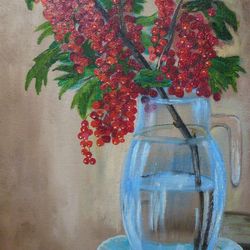 Red Currant Bush Art Red Berry Picture Still Life Painting 11*19 inch Artwork