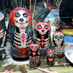Russian Matryoshka Mexican Decor for the Day of the Dead Halloween Decor Sugar Skull Wooden Matryoshka Calavera