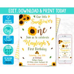 Editable sunflower birthday invitation template Girl summer invitation Fall party invite 1st First birthday watercolor