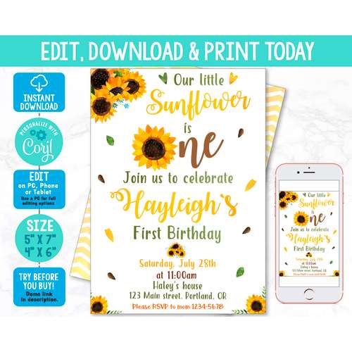 Editable sunflower birthday invitation template Girl summer invitation Fall party invite 1st First birthday watercolor