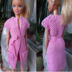 Doll clothes- Pink long CARDIGAN vest with pockets for doll 11.5 inch. Knit doll cardigan robe. Fashion doll outfit