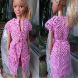 doll clothes- pink long cardigan vest with pockets for doll 11.5 inch. knit doll cardigan robe. fashion doll outfit