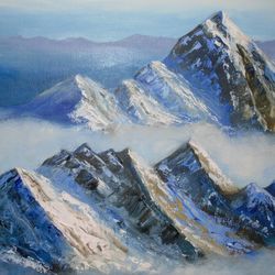 Mountains with oil paints, original painting, oil landscape , mountain peak