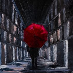 Rainy city street original oil painting on canvas impressionism cityscape night city impasto artwork umbrella wall art