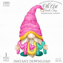 Cute Gnome Clip Art. MUM. Mothers day. Cute Characters, Hand Drawn graphics. Digital Download. OliArtStudioShop