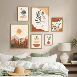 6 Piece Art Prints, Boho Gallery Wall Art Set, Abstract Botanical Prints, Digital Download, Modern Bedroom Wall Decor