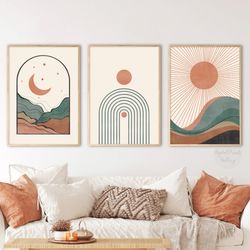Abstract Boho Wall Art 3 Piece Set, Bedroom Prints, Terracotta Sun Wall Decor, Mid Century Modern Living Room Wall Art