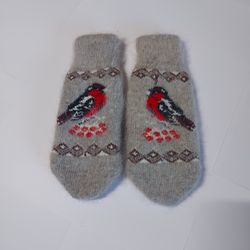 Gray wool mittens, Women's winter fluffy mittens, Knitted mittens with  ornament