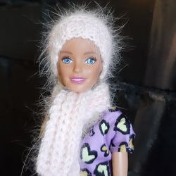 doll scarf hat set. fluffy scarf and beanie for doll 11.5 inch. hand made doll hat. knitted doll set scarf & beanie