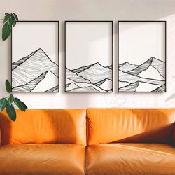 Boho Mountain Landscape Line Art Prints Set of 3, Black and White Minimalist Printable Wall Art, Boho Above Bed Decor