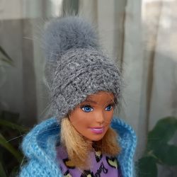 doll clothes - doll beanie with fur pom pom, grey knit hat for doll, angora tiny hat for doll 11.5 inch, pom beanie 1/6
