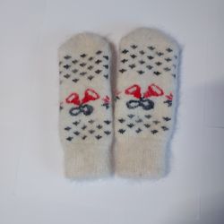 Wool mittens, Women's winter fluffy mittens, Knitted mittens with  ornament.
