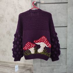 Purple Mushroom cardigan, Bubble sleeve cardigan, embroidered cardigan, oversized cardigan, chunky knit cardigan